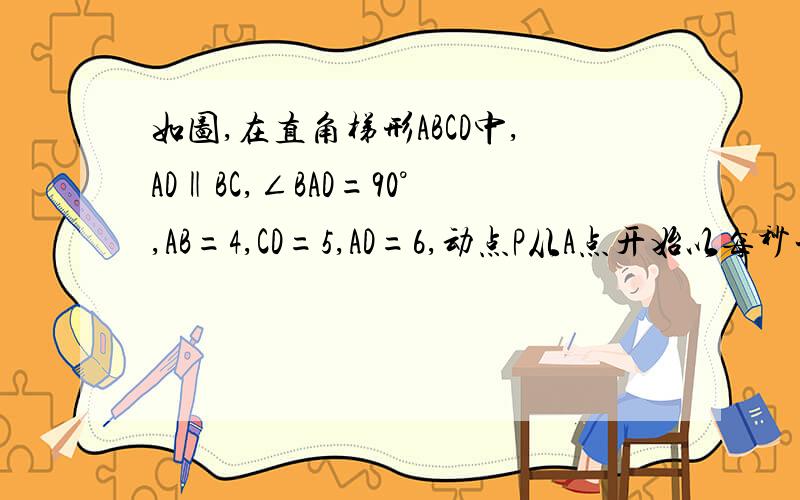 如图,在直角梯形ABCD中,AD‖BC,∠BAD=90°,AB=4,CD=5,AD=6,动点P从A点开始以每秒一个单位长的速度向点B匀速的速度向点D匀速运动,过点P作PE⊥AB,交CD于点E,设点P、Q同时开始运动,且时间为ts（t＞0）,当