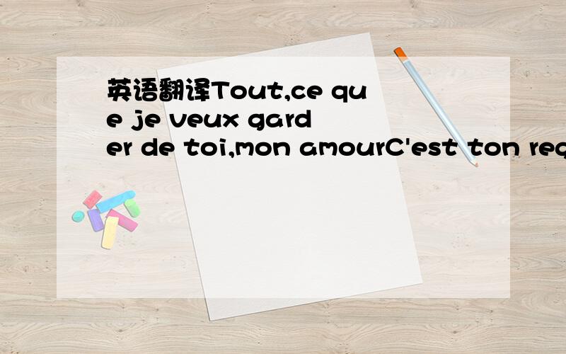 英语翻译Tout,ce que je veux garder de toi,mon amourC'est ton regard au tout premier jourLes lueurs que l'on a partagé sans bruit et ton rire de pluie ton rire de pluietout ce que je veux garder de toi je n'aiC'est un murmure et le plus doux de n