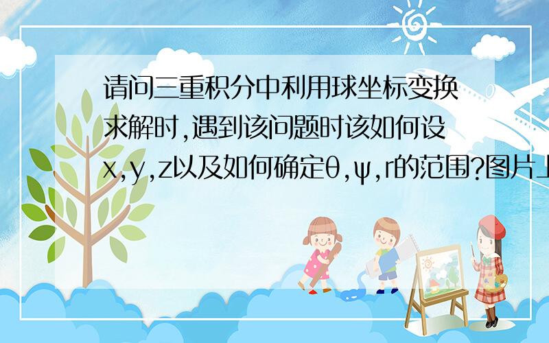 请问三重积分中利用球坐标变换求解时,遇到该问题时该如何设x,y,z以及如何确定θ,ψ,r的范围?图片上写错了，积分区域是该面所围成的区域