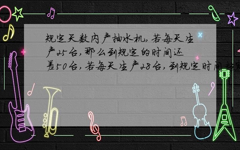 规定天数内产抽水机,若每天生产25台,那么到规定的时间还差50台,若每天生产28台,到规定时间超额40台这批抽水机有多少台?规定多少天完成任务?（等量关系与分析,列出一元一次方程）