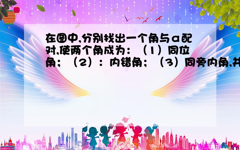 在图中,分别找出一个角与α配对,使两个角成为：（1）同位角；（2）：内错角；（3）同旁内角,并指出是由哪条直线截另外两条直线而得.图：