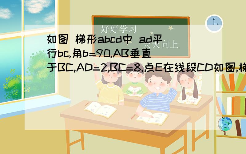 如图 梯形abcd中 ad平行bc,角b=90,AB垂直于BC,AD=2,BC=8,点E在线段CD如图,梯形ABCD中,AD//BC,∠B=90°,AB⊥BC,且AD=2,BC=8,点E在线段CD上若把梯形ABCD沿BE折叠后C点落在射线AM上的点P处.1.当点P与点A点重合时,求