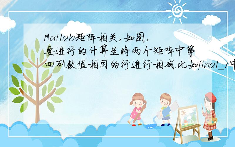 Matlab矩阵相关,如图,要进行的计算是将两个矩阵中第四列数值相同的行进行相减.比如final_1中第一行的第四列是5.8905,和final2_1中第四列同样为5.8905的行进行相减,求各列差值.程序实现.