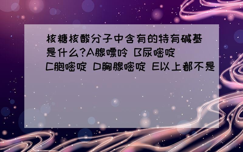 核糖核酸分子中含有的特有碱基是什么?A腺嘌呤 B尿嘧啶 C胞嘧啶 D胸腺嘧啶 E以上都不是