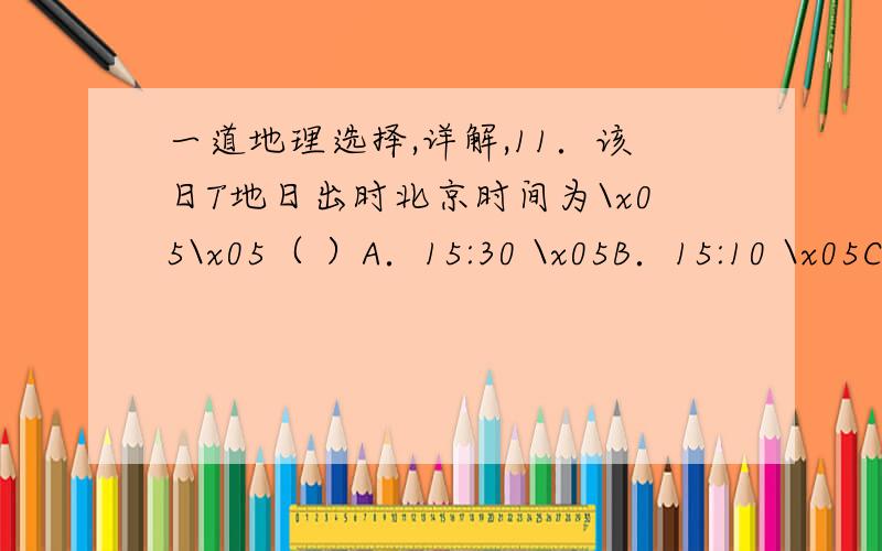 一道地理选择,详解,11．该日T地日出时北京时间为\x05\x05（ ）A．15:30 \x05B．15:10 \x05C．14:30 \x05D．14:102．T地位于P地的\x05\x05\x05\x05（ ）A．东北方向 B．西北方向\x05C．东南方向 \x05D．西南方向3