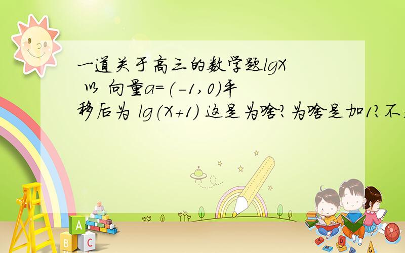 一道关于高三的数学题lgX  以 向量a=(-1,0)平移后为 lg(X+1) 这是为啥?为啥是加1?不是减1吗?如果以平常的式子的话, 比如y=x 以向量a=(-1,0)平移的话 不是等于 y=x-1的吗?