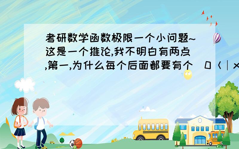 考研数学函数极限一个小问题~这是一个推论,我不明白有两点,第一,为什么每个后面都要有个（0＜∣x-a∣＜δ）.第二,B＜0,为什么等于0.B＜0的时候,为什么趋于正无穷.好困扰,好困扰~