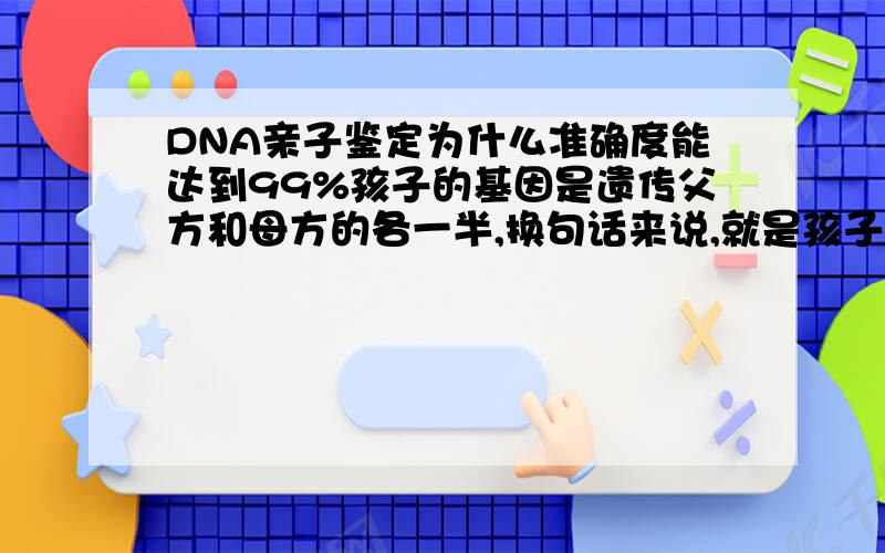 DNA亲子鉴定为什么准确度能达到99%孩子的基因是遗传父方和母方的各一半,换句话来说,就是孩子的有一般基因是父方遗传的,一半是母亲遗传的.那为什么DNA亲子鉴定 准确度能达到99%