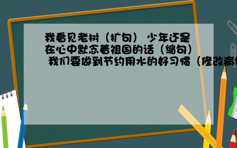 我看见老树（扩句） 少年还是在心中默念着祖国的话（缩句） 我们要做到节约用水的好习惯（修改病句）