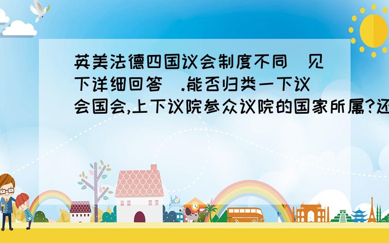 英美法德四国议会制度不同（见下详细回答）.能否归类一下议会国会,上下议院参众议院的国家所属?还有（重要）议会在某国对某某（国王OR内阁OR总统等）负责的对象.