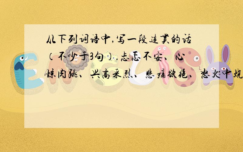 从下列词语中,写一段连贯的话（不少于3句）.忐忑不安、心惊肉跳、兴高采烈、悲痛欲绝、怒火中烧