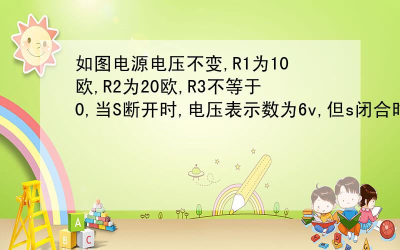 如图电源电压不变,R1为10欧,R2为20欧,R3不等于0,当S断开时,电压表示数为6v,但s闭合时,电压表的示数可能是 11v 10v 9v 8v图