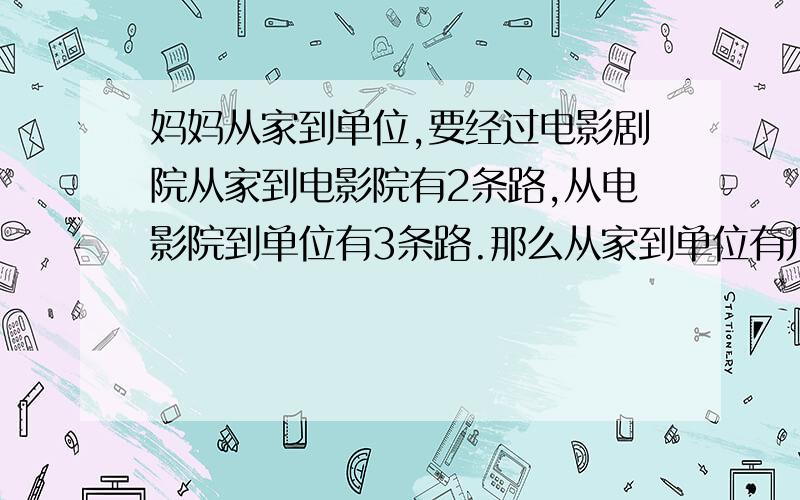 妈妈从家到单位,要经过电影剧院从家到电影院有2条路,从电影院到单位有3条路.那么从家到单位有几种走法