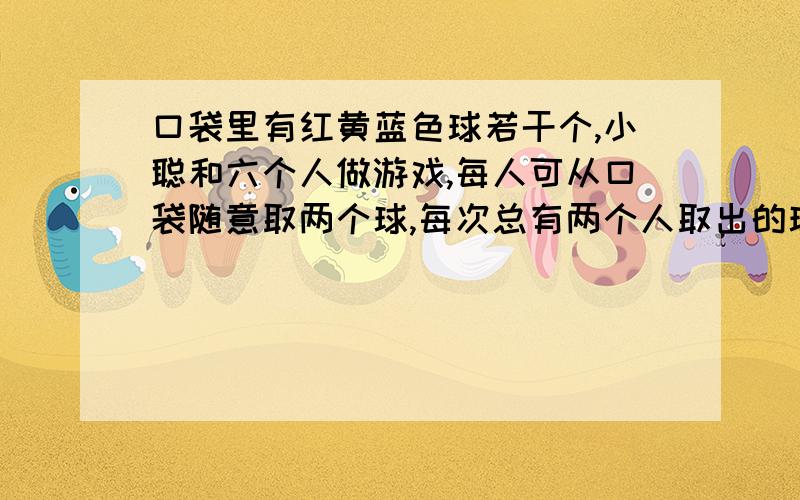 口袋里有红黄蓝色球若干个,小聪和六个人做游戏,每人可从口袋随意取两个球,每次总有两个人取出的球颜色完全一样,为什么?