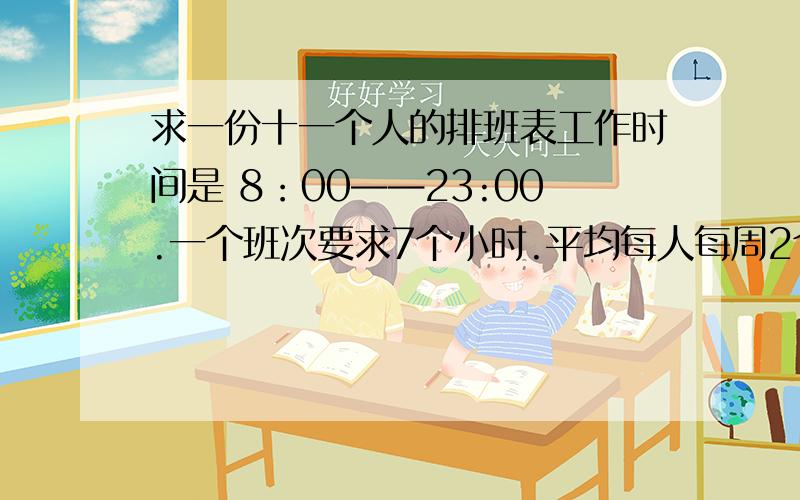 求一份十一个人的排班表工作时间是 8：00——23:00.一个班次要求7个小时.平均每人每周2个晚班最佳.最多3个,但不能连续.一周休一天.白天和晚上至少要分别保持4个人.求高手支招.11个人是分