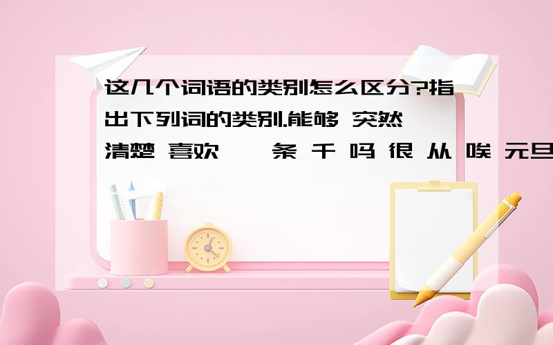 这几个词语的类别怎么区分?指出下列词的类别.能够 突然 清楚 喜欢    条 千 吗 很 从 唉 元旦 雪白 通红 对于 似的 而且 什么  红彤彤 干干净净 黑不溜秋 休息   我 略微 这里 高等 公共 日常