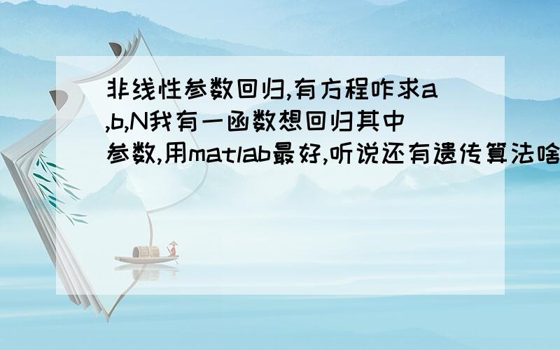 非线性参数回归,有方程咋求a,b,N我有一函数想回归其中参数,用matlab最好,听说还有遗传算法啥的,y(t)=N[1-exp(-(a+bN)t)]/[1+(Nb/a)exp(-(a+bN)t)]共有14个数据t=1,2,3、、、、、、,14；对应的y（t）=3,10,24,68,