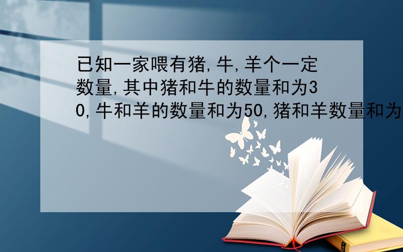 已知一家喂有猪,牛,羊个一定数量,其中猪和牛的数量和为30,牛和羊的数量和为50,猪和羊数量和为60.求猪,牛,羊各多少只?