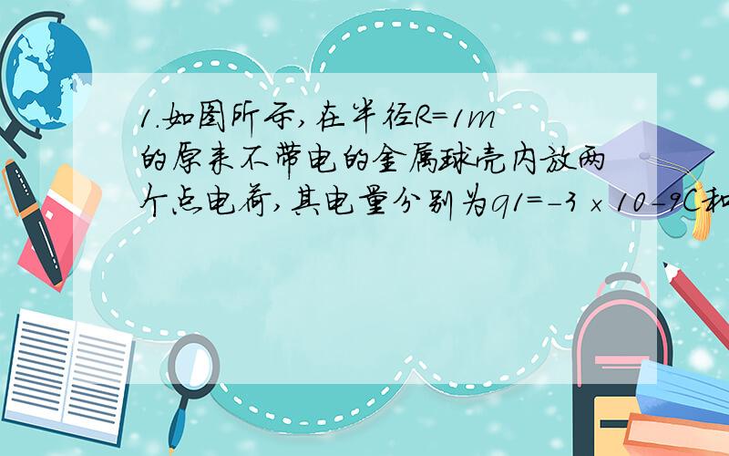 1．如图所示,在半径R=1m的原来不带电的金属球壳内放两个点电荷,其电量分别为q1=-3×10-9C和q2=9×10-9C.它们与金属球壳内壁均不接触.问距球壳中心O点10m处的场强有多大?2．三个电容器与电动势