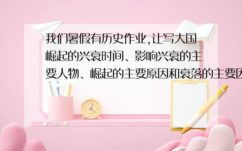 我们暑假有历史作业,让写大国崛起的兴衰时间、影响兴衰的主要人物、崛起的主要原因和衰落的主要因素,一共有4个国家,德国日本俄国和美国知道的请告诉我我要的是答案,不要瞎说