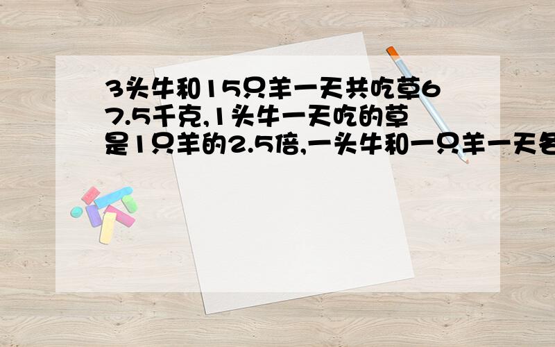 3头牛和15只羊一天共吃草67.5千克,1头牛一天吃的草是1只羊的2.5倍,一头牛和一只羊一天各吃草多少千克?快,急,我是答案的三倍......好像设x好做点!快啊,整本就这题啦!