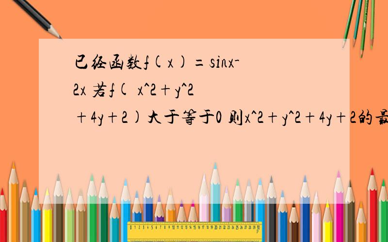 已经函数f(x)=sinx-2x 若f( x^2+y^2+4y+2)大于等于0 则x^2+y^2+4y+2的最大值为.A 根号2 B 3根号2 C 12 D 16括号内是4x 我两个都打成4y了