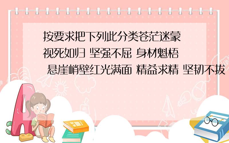 按要求把下列此分类苍茫迷蒙 视死如归 坚强不屈 身材魁梧 悬崖峭壁红光满面 精益求精 坚韧不拔 风和日丽 白发苍苍眉清目秀 崇山峻岭 助人为乐 艰苦奋斗 面目可憎1、描写人物性格或品质