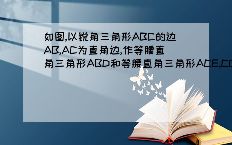 如图,以锐角三角形ABC的边AB,AC为直角边,作等腰直角三角形ABD和等腰直角三角形ACE,CD与BE交于点F,求证：1、CD=BE；2、CD垂直于BE