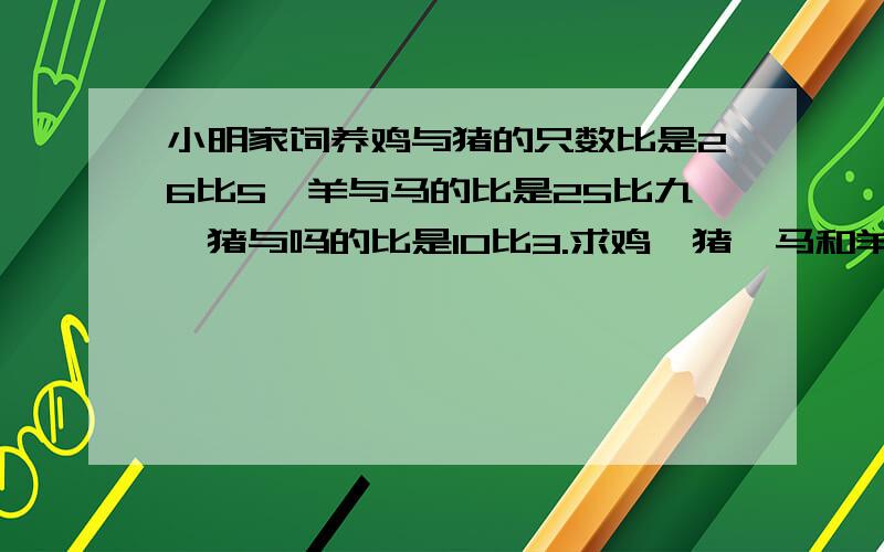 小明家饲养鸡与猪的只数比是26比5,羊与马的比是25比九,猪与吗的比是10比3.求鸡、猪、马和羊的只数比.