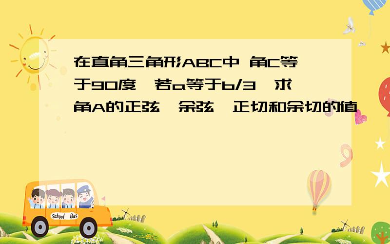 在直角三角形ABC中 角C等于90度,若a等于b/3,求角A的正弦、余弦、正切和余切的值