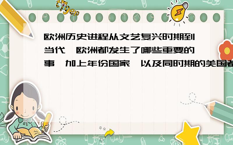 欧洲历史进程从文艺复兴时期到当代,欧洲都发生了哪些重要的事,加上年份国家,以及同时期的美国都有哪些事情发生?  不要求特别详细,你知道的比较有深远影响的