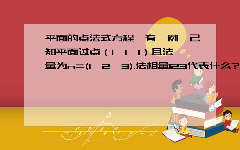 平面的点法式方程,有一例,已知平面过点（1,1,1）且法量为n=(1,2,3).法相量123代表什么?