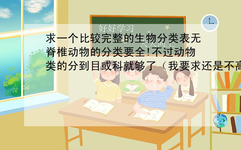 求一个比较完整的生物分类表无脊椎动物的分类要全!不过动物类的分到目或科就够了（我要求还是不高嘛~） 植物的分类可以马马虎虎一点也无所谓.最最重要的就是动物的那一组.不是动物