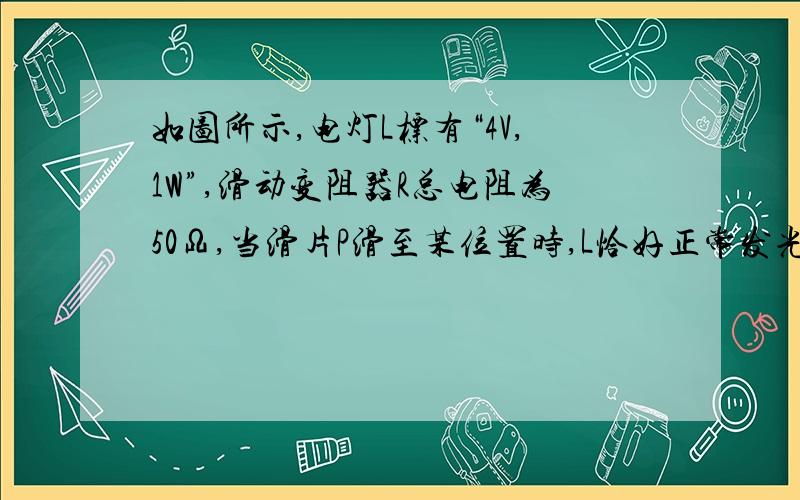 如图所示,电灯L标有“4V,1W”,滑动变阻器R总电阻为50Ω,当滑片P滑至某位置时,L恰好正常发光,此时电流表示数为0.45A,由于外电路发生故障,电灯L突然熄灭,此时电流表示数为0.5A,电压表示数为10V,