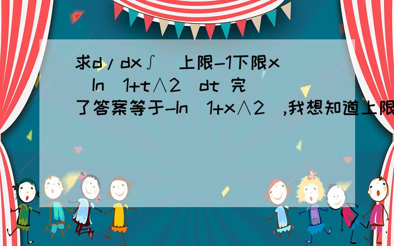 求d/dx∫(上限-1下限x)In(1+t∧2)dt 完了答案等于-In(1+x∧2),我想知道上限负数是什么情况,还想知道上下限有一个定值非零常数对于求定积分有什么影响..=_=通宵看高数快疯了,看懂问题的救下命万