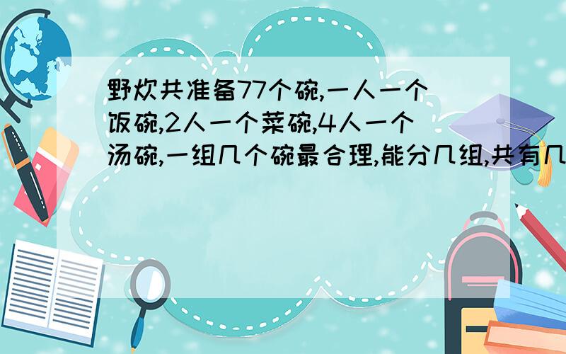 野炊共准备77个碗,一人一个饭碗,2人一个菜碗,4人一个汤碗,一组几个碗最合理,能分几组,共有几人参加