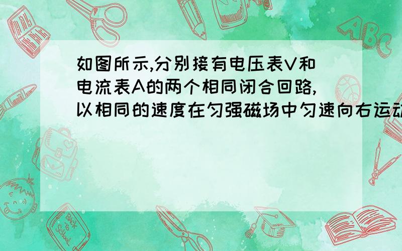 如图所示,分别接有电压表V和电流表A的两个相同闭合回路,以相同的速度在匀强磁场中匀速向右运动,下列说法中正确的是（ ）A．电流表示数为零,电压表示数不为零B．电流表示数为零,电压表