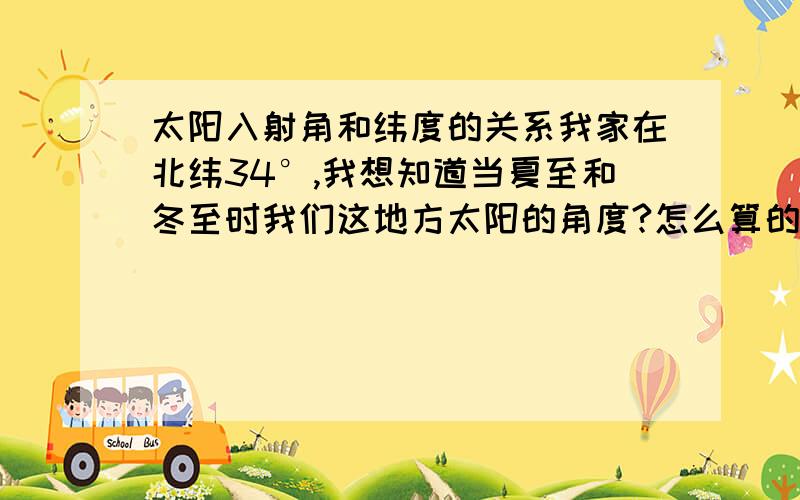 太阳入射角和纬度的关系我家在北纬34°,我想知道当夏至和冬至时我们这地方太阳的角度?怎么算的?准备买个房子 研究下前面的房子能不能挡住阳光