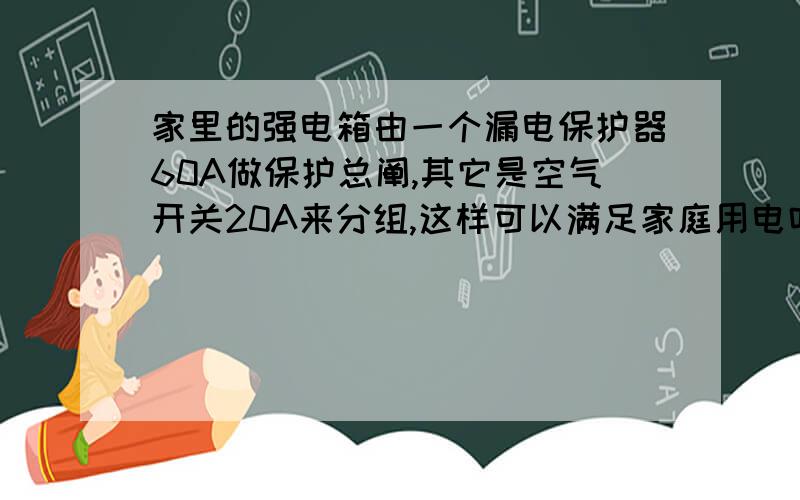 家里的强电箱由一个漏电保护器60A做保护总阐,其它是空气开关20A来分组,这样可以满足家庭用电吗?另外20A能负载多少瓦电器呀?补图片