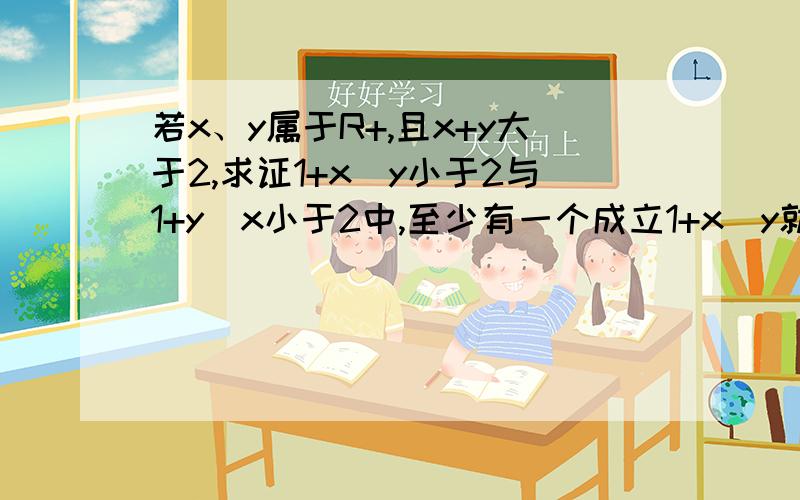 若x、y属于R+,且x+y大于2,求证1+x\y小于2与1+y\x小于2中,至少有一个成立1+x\y就是y在下面,1+x在上面还有就是这道题应该用反证法的