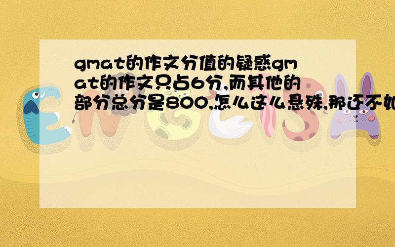 gmat的作文分值的疑惑gmat的作文只占6分,而其他的部分总分是800,怎么这么悬殊,那还不如不考作文了呢,反正就六分,比例这么小.谁能给我细说说,