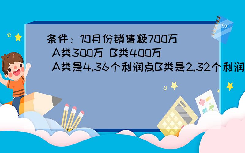 条件：10月份销售额700万 A类300万 B类400万 A类是4.36个利润点B类是2.32个利润点 问总和利润点多少 怎么计算.然后11月份至2月份 销售额要达到900万 且每个月利润点同比十月份综合毛利增长千分