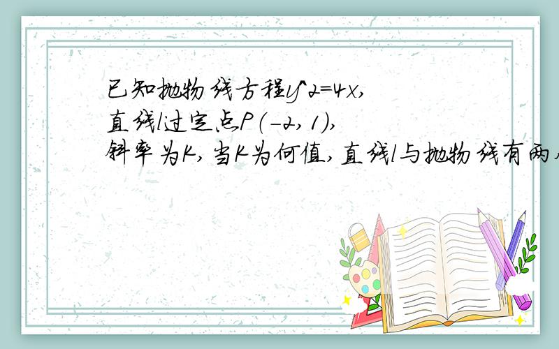 已知抛物线方程y^2=4x,直线l过定点P（-2,1）,斜率为K,当K为何值,直线l与抛物线有两个公共点