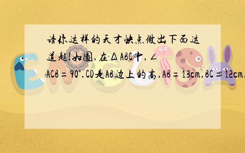 请你这样的天才快点做出下面这道题!如图,在ΔABC中,∠ACB=90°,CD是AB边上的高,AB=13cm,BC=12cm,AC=5cm,求：（1）ΔABC的面积；（2）CD的长.