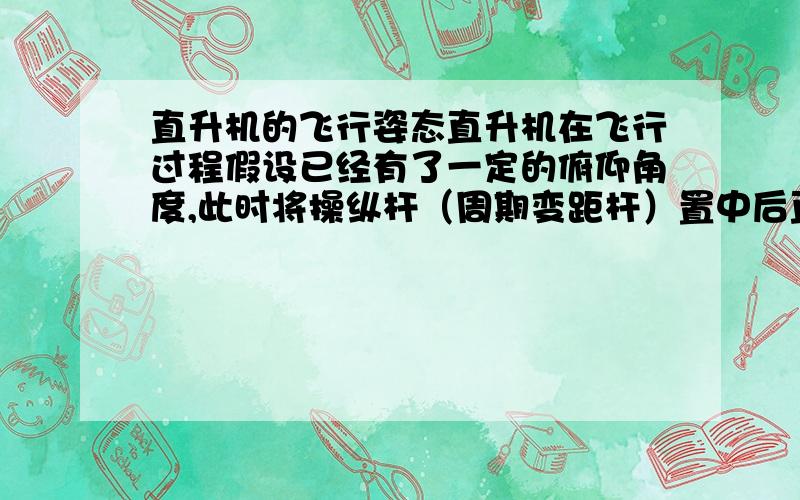 直升机的飞行姿态直升机在飞行过程假设已经有了一定的俯仰角度,此时将操纵杆（周期变距杆）置中后直升机会恢复到水平状态还是保持当前姿态?不考虑空气阻力