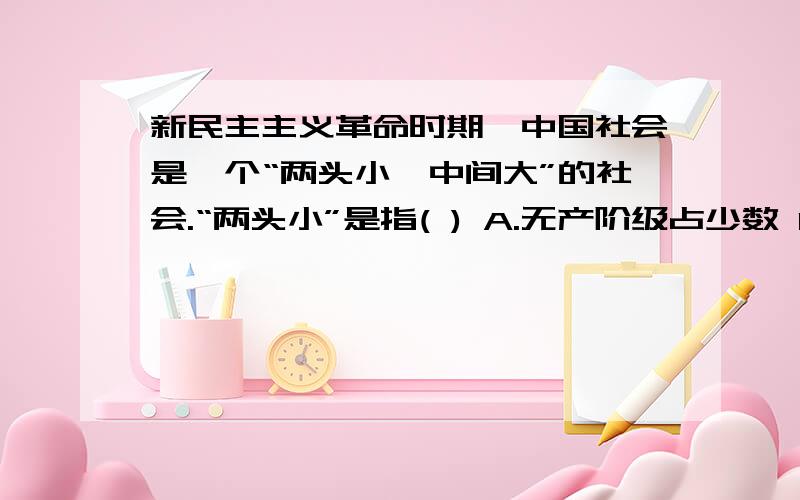 新民主主义革命时期,中国社会是一个“两头小、中间大”的社会.“两头小”是指( ) A.无产阶级占少数 B.大资产阶级占少数 C.地主占少数 D.城市小资产阶级占少数