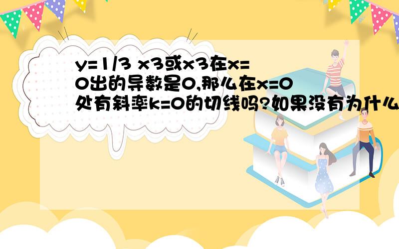 y=1/3 x3或x3在x=0出的导数是0,那么在x=0处有斜率k=0的切线吗?如果没有为什么?在曲线上某点处的导数不就是在这一点处的切线的斜率吗,为什么这个不成立?可以画出这两个的函数图像，看看有没