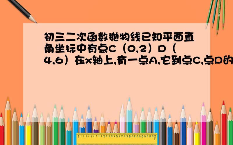 初三二次函数抛物线已知平面直角坐标中有点C（0,2）D（4,6）在x轴上,有一点A,它到点C,点D的距离之和最小.求A点坐标