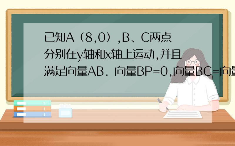 已知A（8,0）,B、C两点分别在y轴和x轴上运动,并且满足向量AB．向量BP=0,向量BC=向量CP；（1）求动点P的轨迹方程；（2）若过点A的直线l与动点P的轨迹交于M、N两点,且向量QM．向量QN=97,其中Q（-1,