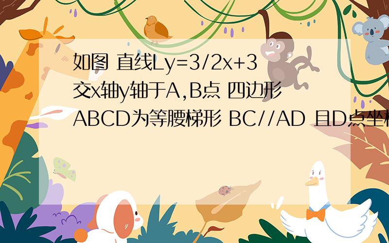 如图 直线Ly=3/2x+3交x轴y轴于A,B点 四边形ABCD为等腰梯形 BC//AD 且D点坐标为（6.0） 图：http://hi.baidu.com/%BE%F8%C7%E9%5F%C1%F7%D0%C7%5F/album/item/12a1e21992f18e358718bfe6%2Ehtml